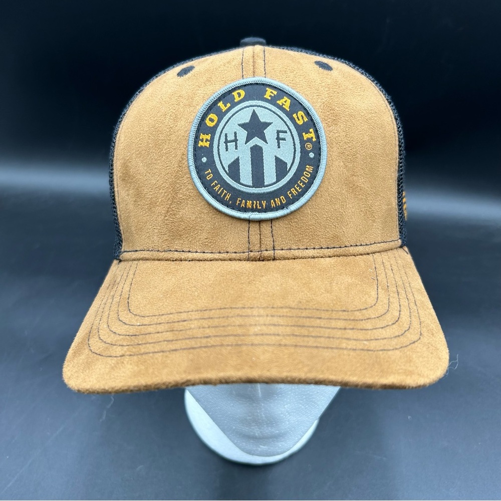 Hold Fast Brown Suede Trucker Hat Mesh Back USA Flag Patch One Size Adjustable